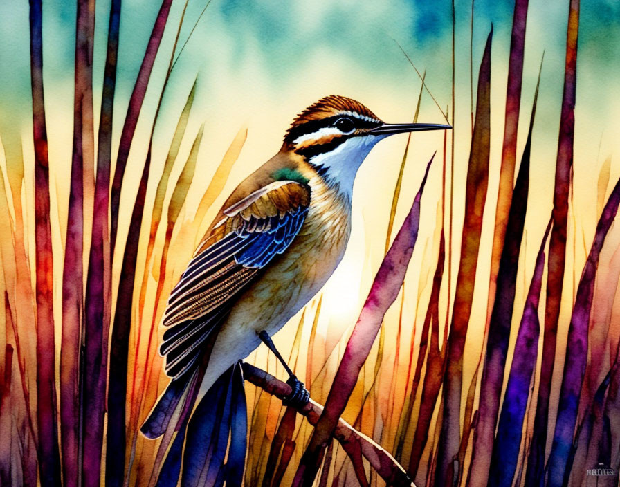 Bird perched on reed in watercolor with blue and orange background