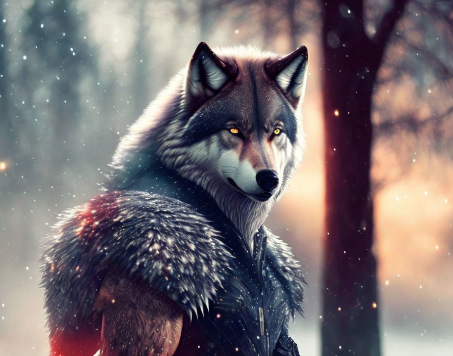 Anthropomorphic wolf in armor in snowy forest with falling light flakes