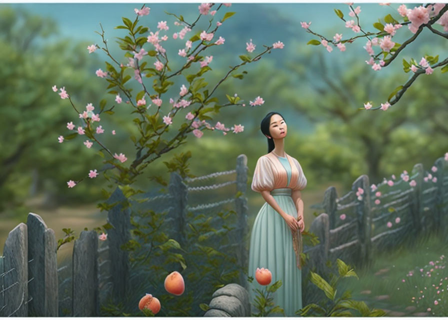 Tranquil woman in garden with cherry blossoms and fallen peaches