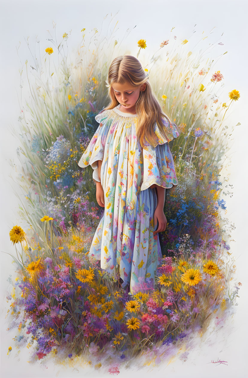 Young girl in floral dress standing in vibrant wildflower meadow