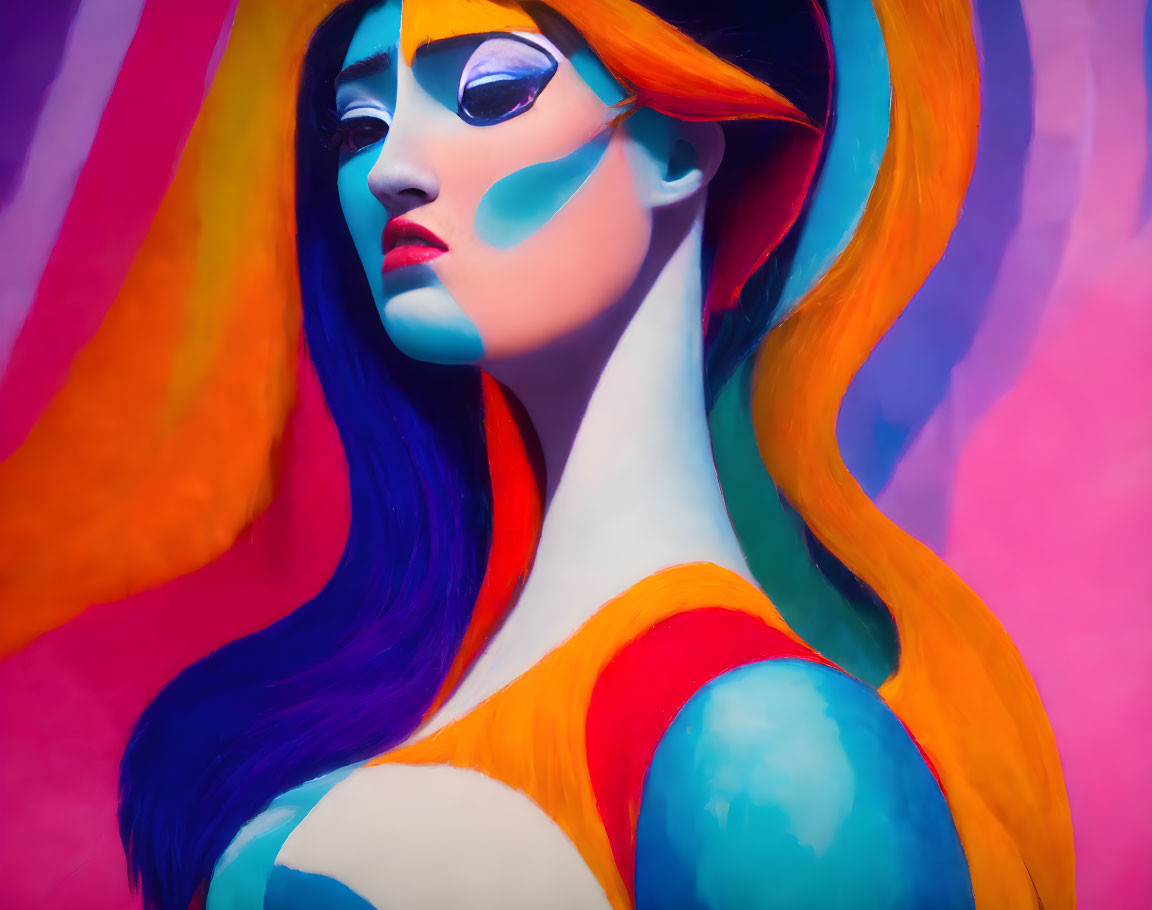 Vibrant blue, orange, and pink makeup in surreal portrait