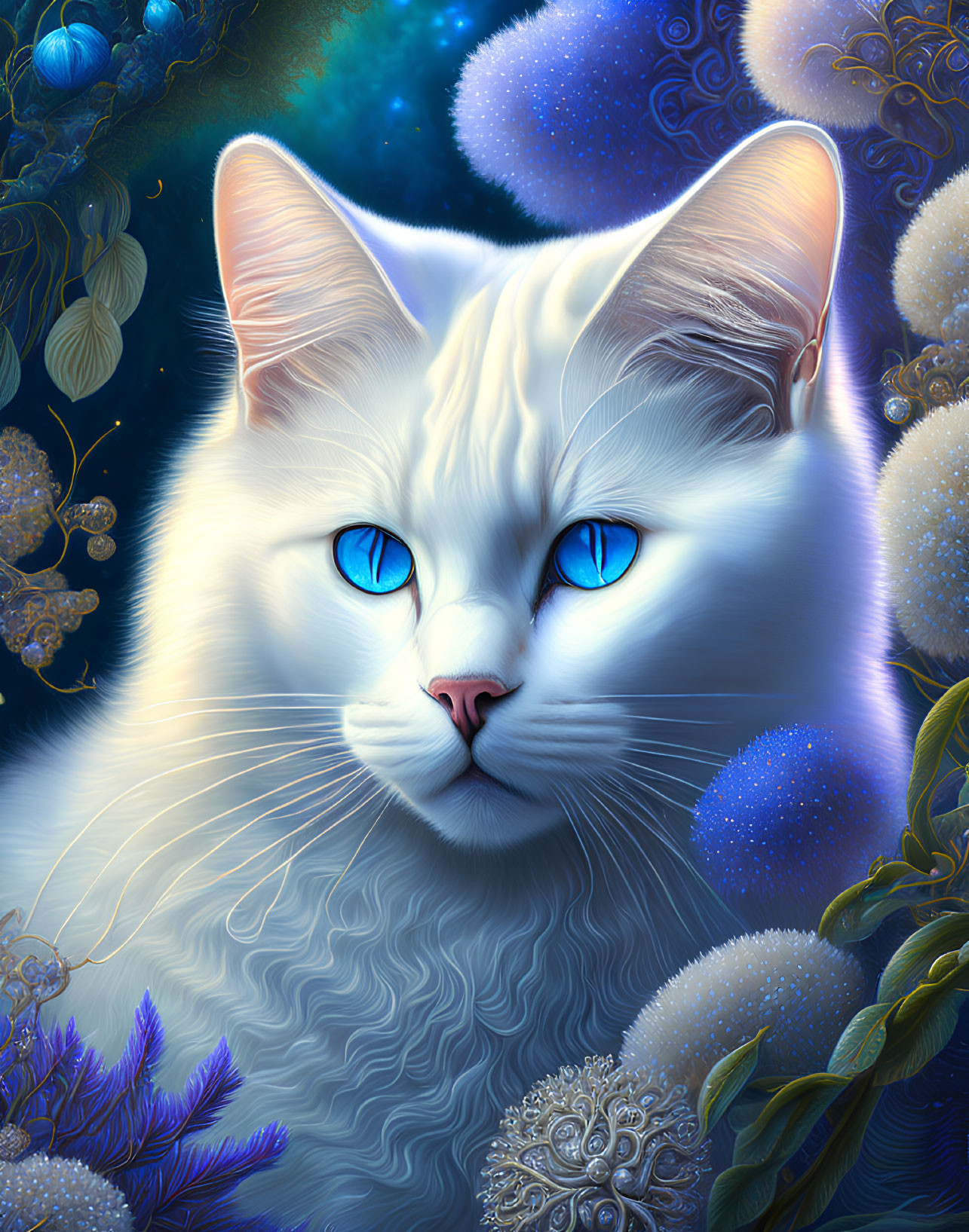 White Cat with Blue Eyes in Ethereal Blue Environment