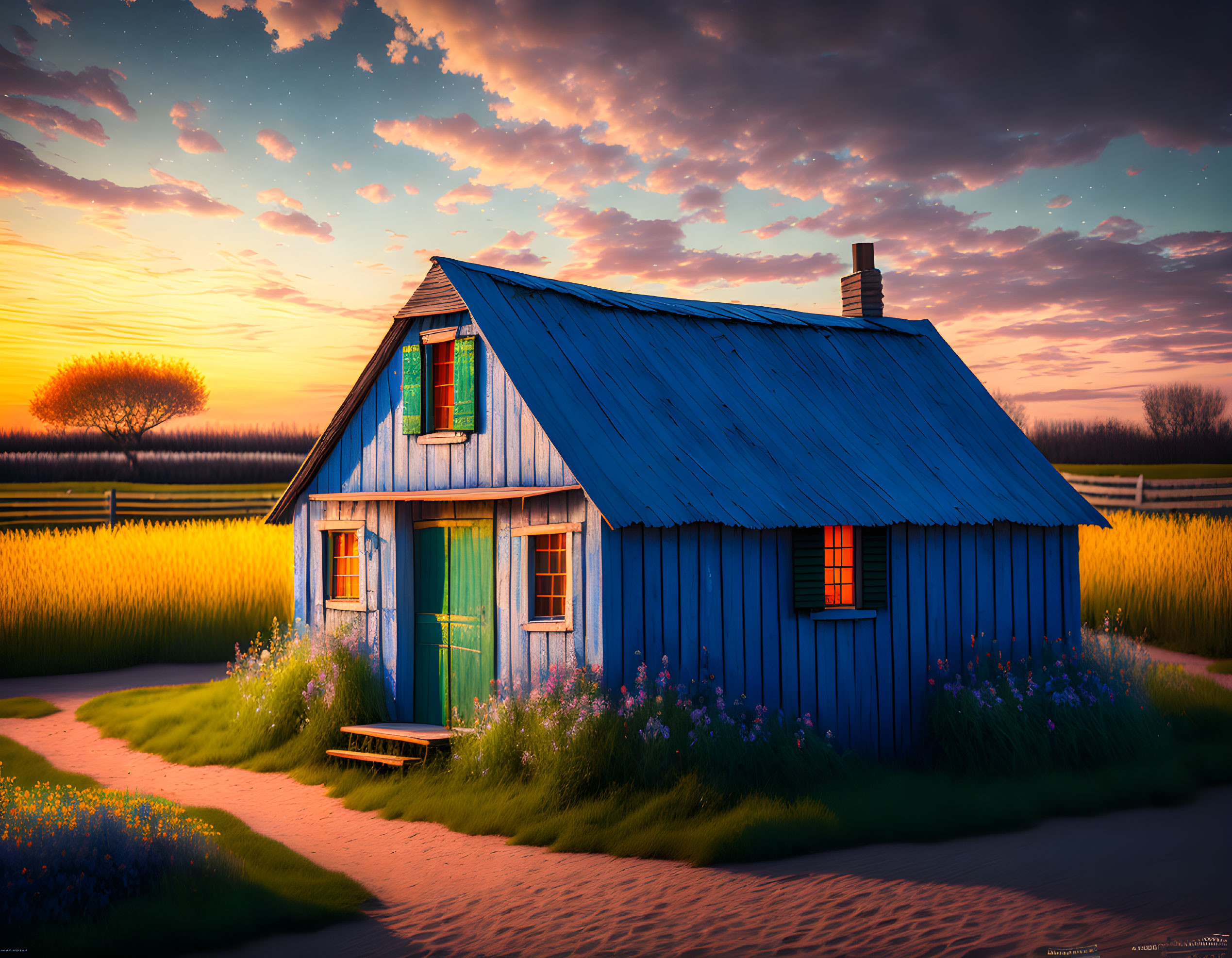 Vibrant illustration of a blue house in a serene meadow at sunset