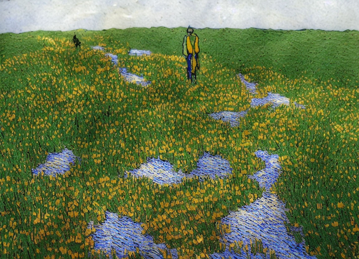 Person in Yellow Surrounded by Blue and Gold Flowers in Green Landscape