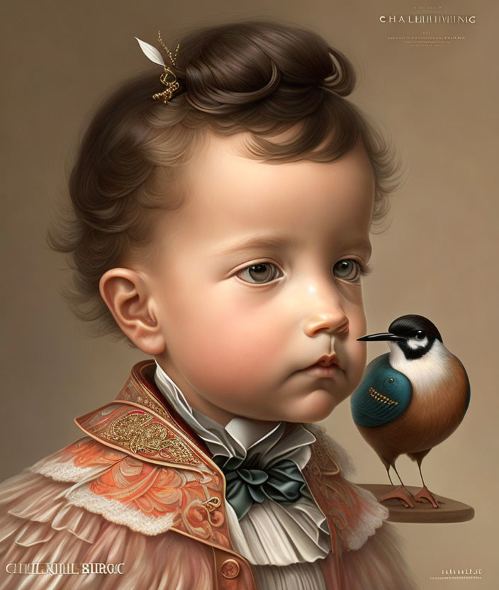 Child with Victorian-era attire admiring bird on finger