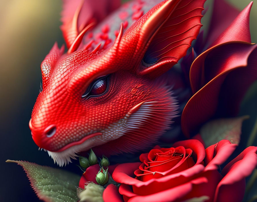 Red Dragon Among Blooming Roses on Soft-focus Background