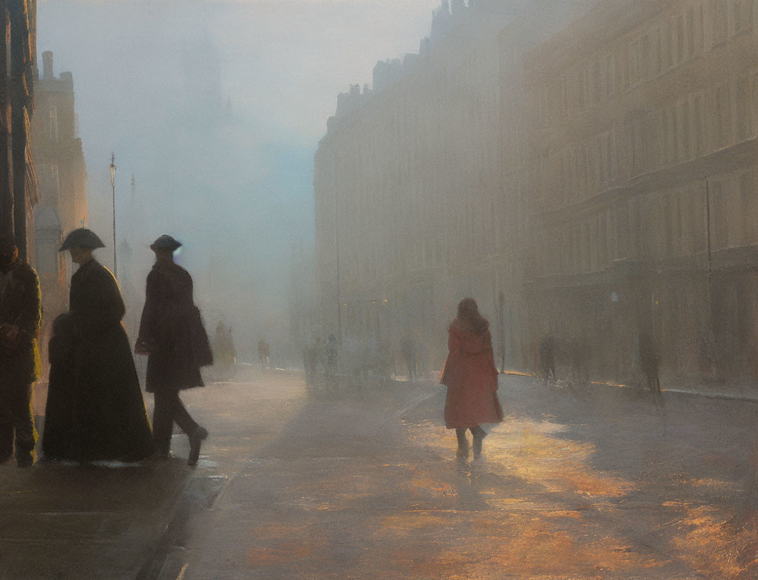 Misty city street with silhouettes, person in red coat walking towards light