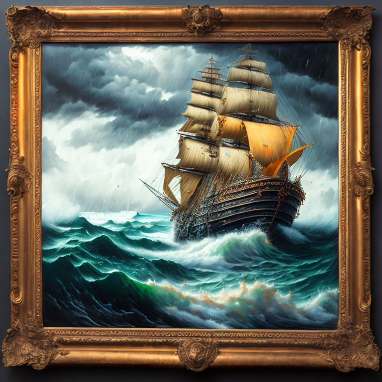 Golden Frame Painting: Majestic Ship Sailing in Stormy Sea