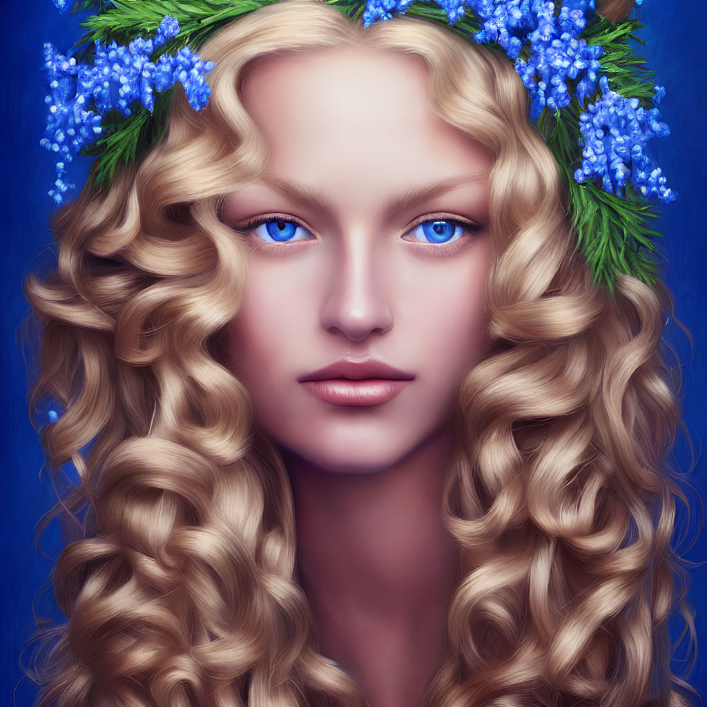 Portrait of Woman with Curly Blonde Hair and Blue Flower Wreath