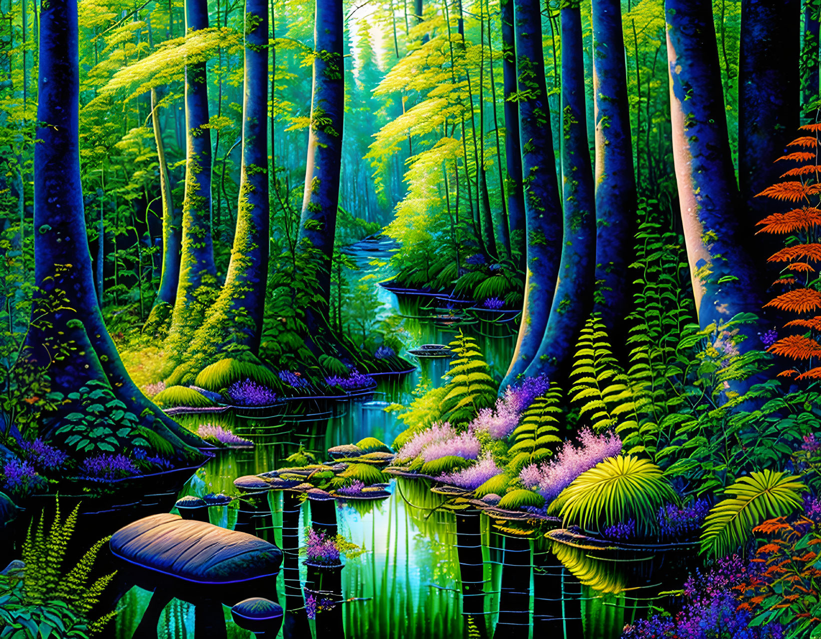 Lush forest scene with tall trees, ferns, and colorful flowers by a serene stream