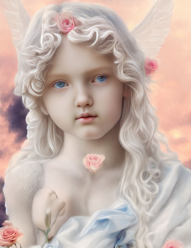 Fantasy portrait of a young character with pale skin, blue eyes, white hair, and elfin