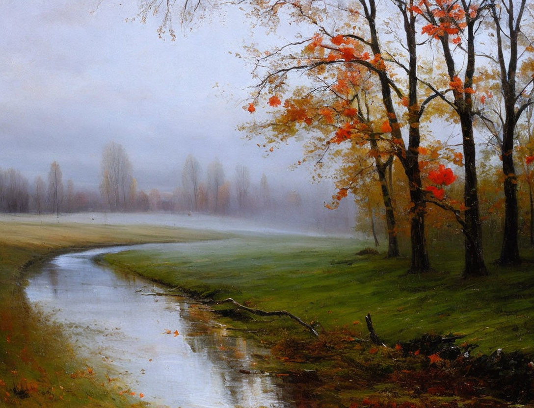 Misty autumn meadow with stream and colorful trees