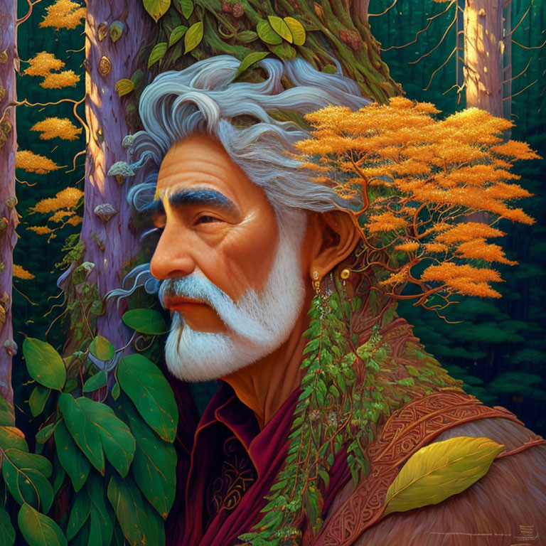 Illustration of wise male figure with tree-like features and forest elements