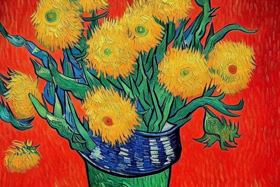 Vivid Yellow Sunflowers in Blue Vase on Red Background