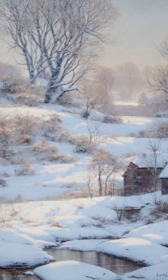 Snowy landscape with cabin, trees, and river in soft light