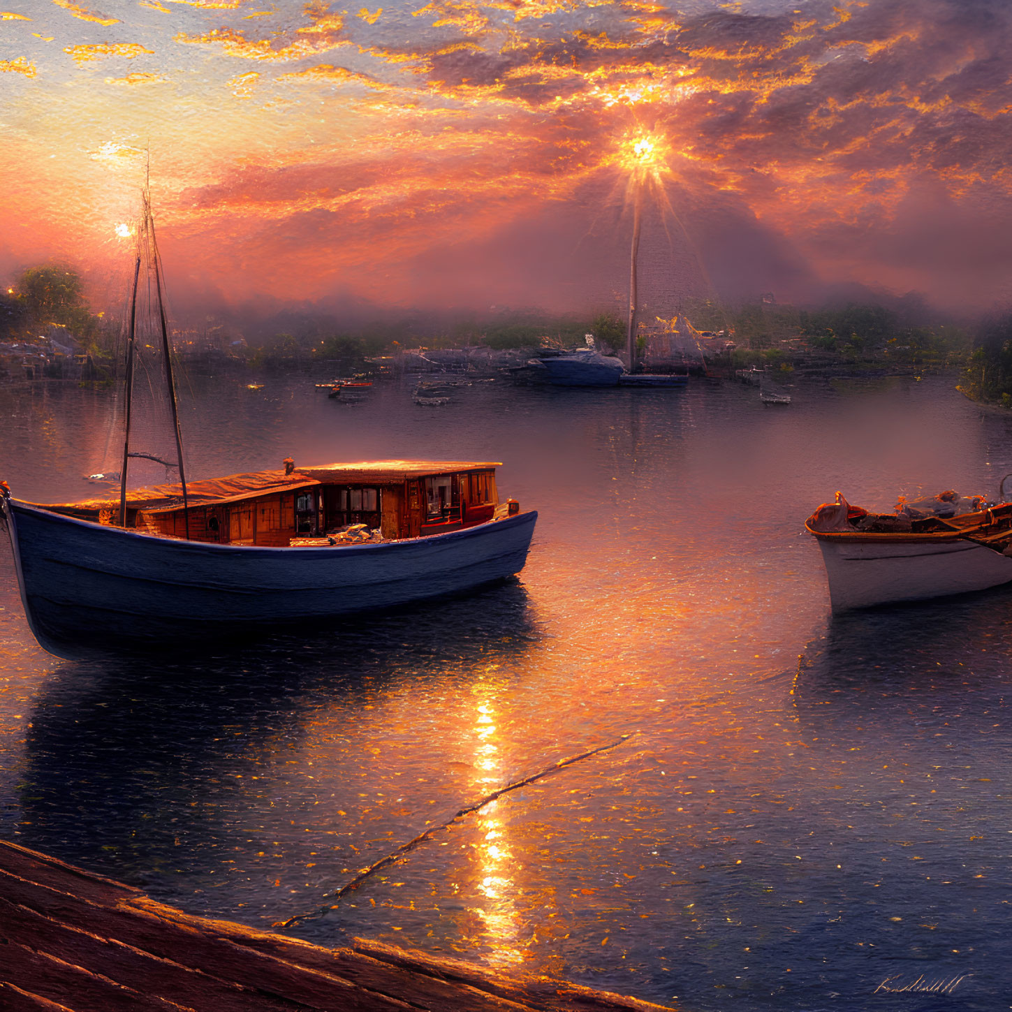 Tranquil harbor sunset with boats and golden reflections