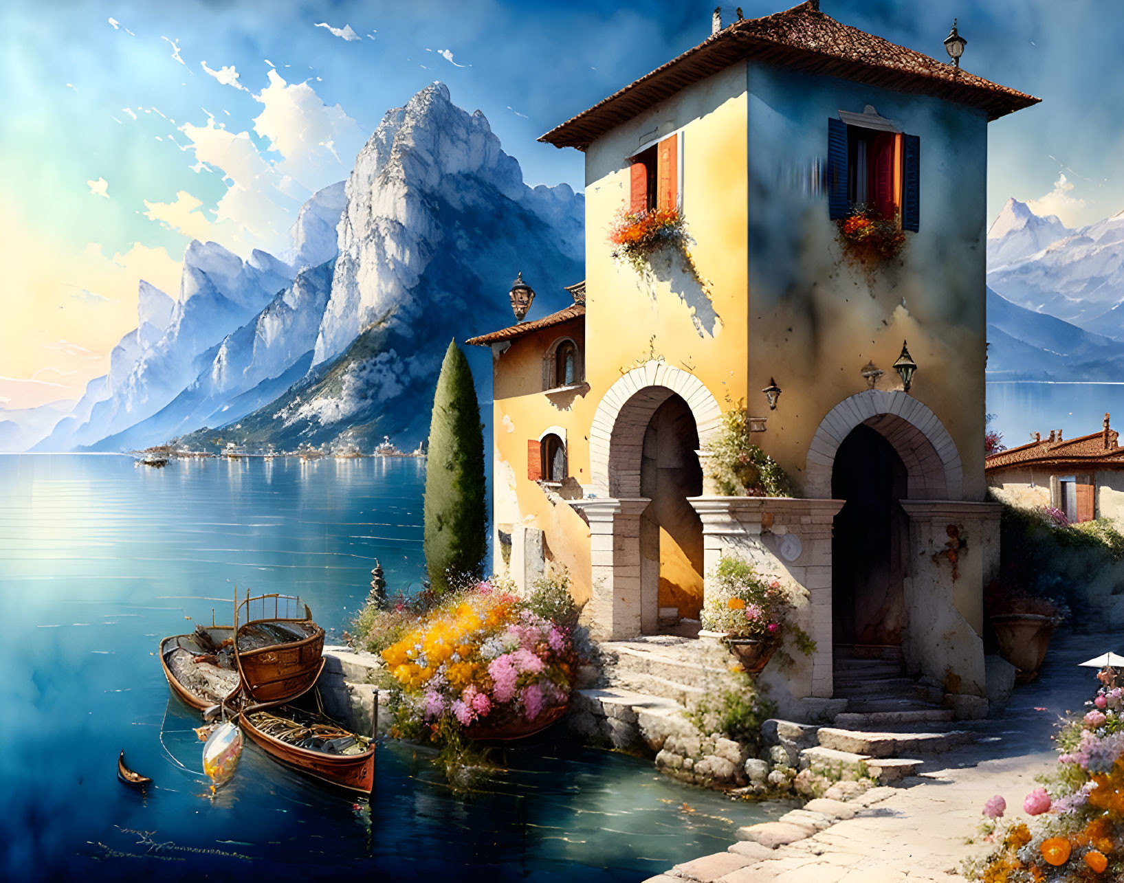 Tranquil lakeside view with house, boats, mountains