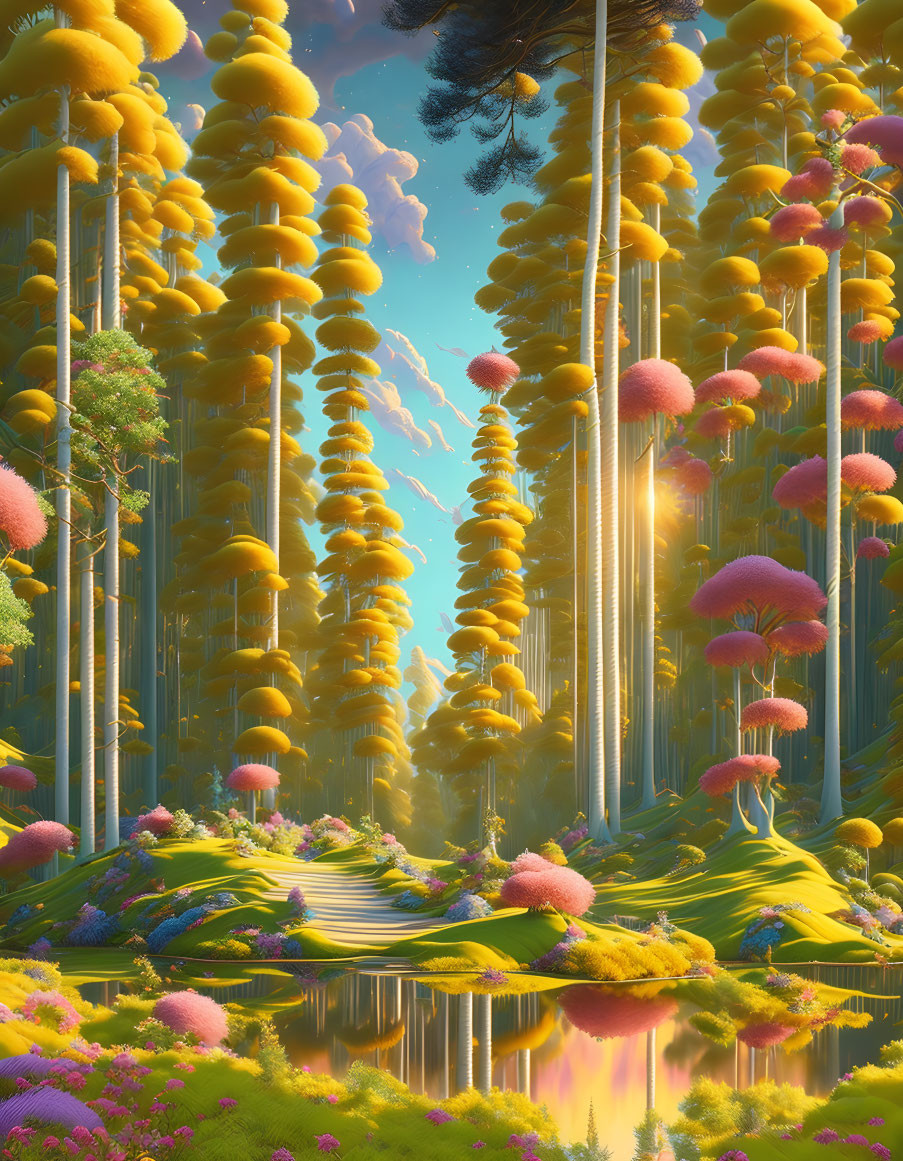 Vibrant forest scene with yellow-tufted trees, pink mushrooms, reflective river, and flower