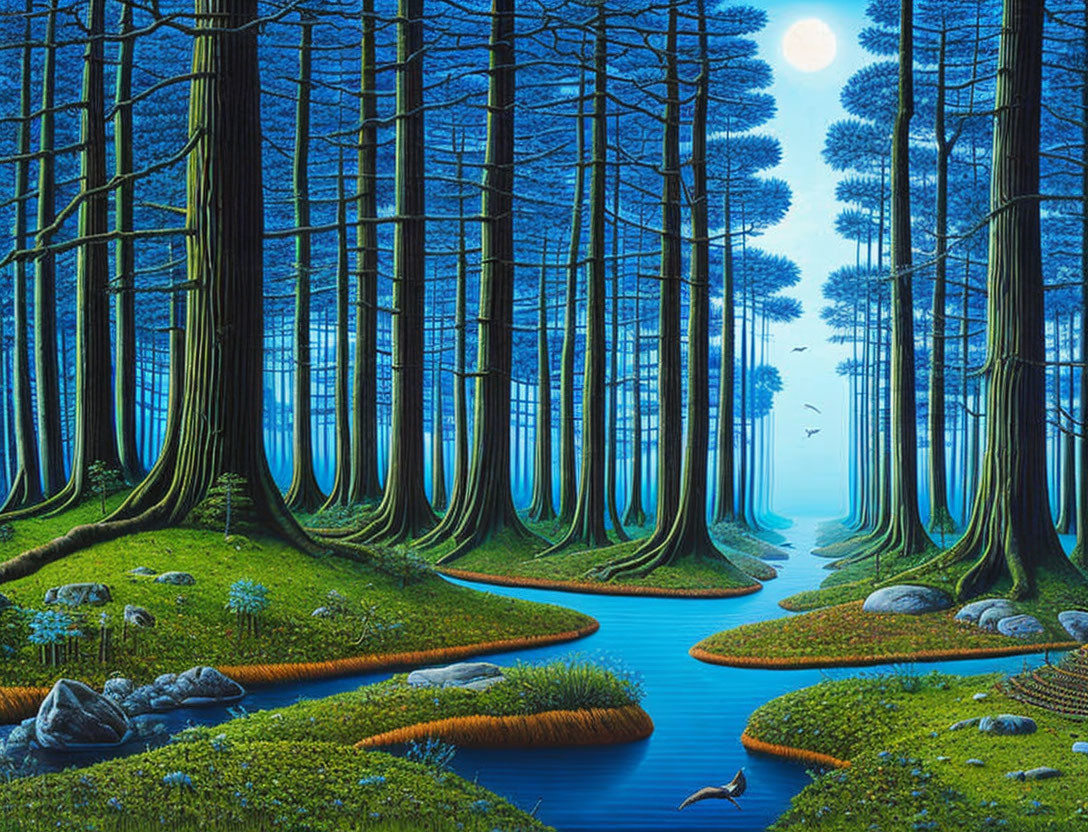 Mystical forest scene with towering trees, winding river, full moon, and flying birds.