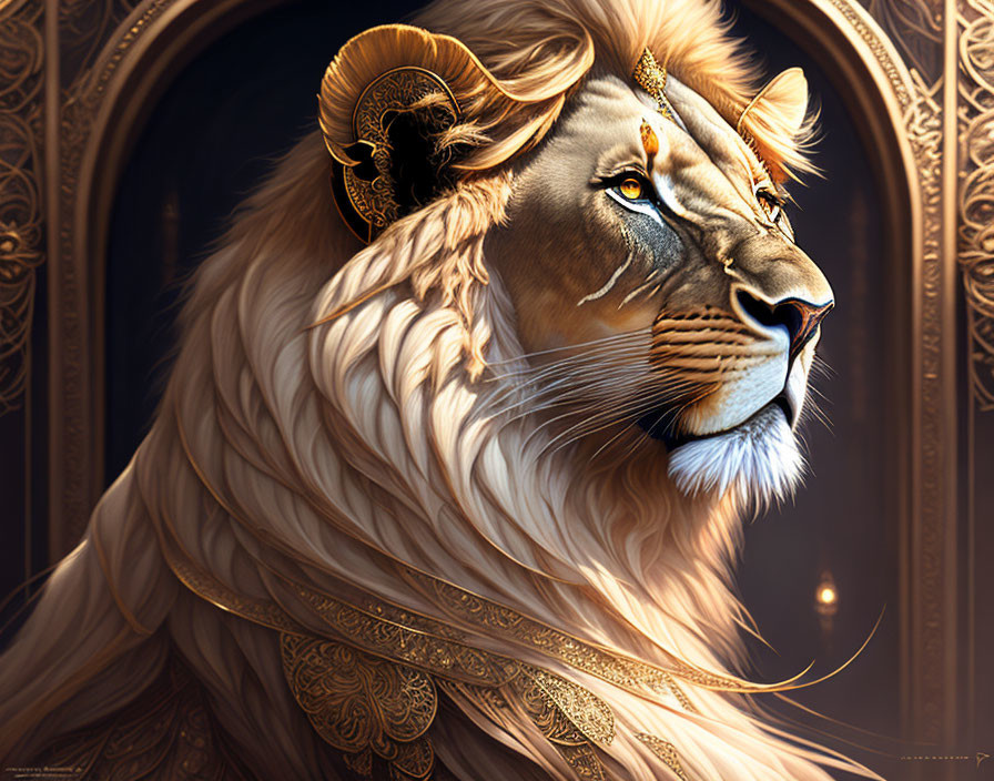 Majestic lion with luxurious mane and ornate earrings on golden-patterned background