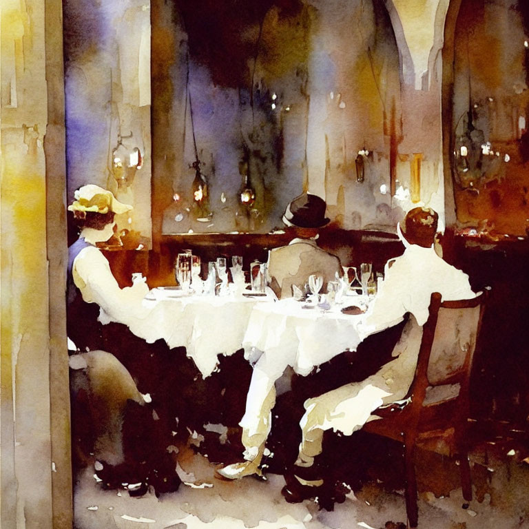 Elegant dining room watercolor painting with three people at table