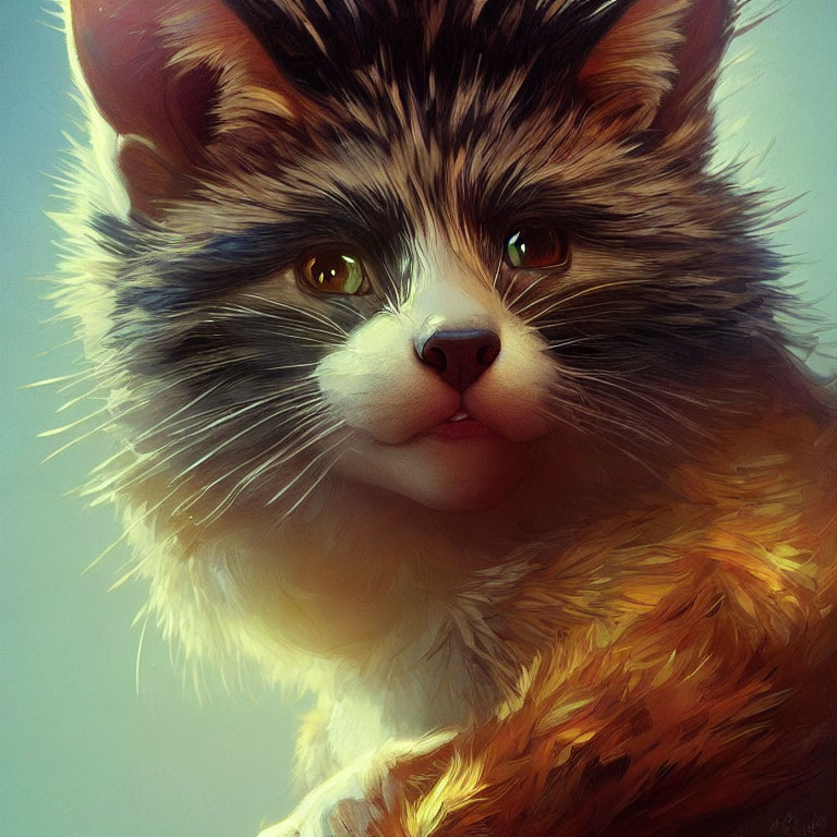 Whimsical fluffy cat digital artwork with vibrant eyes