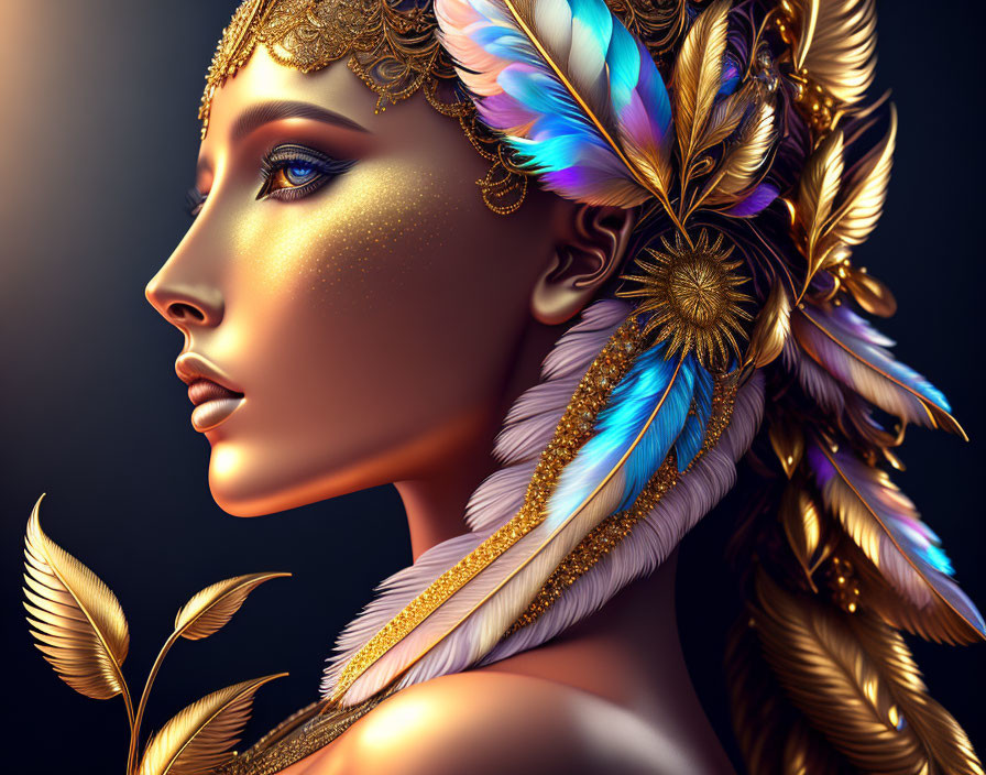 Illustrated woman with gold skin and feathered headdress in blue, gold, and white hues.