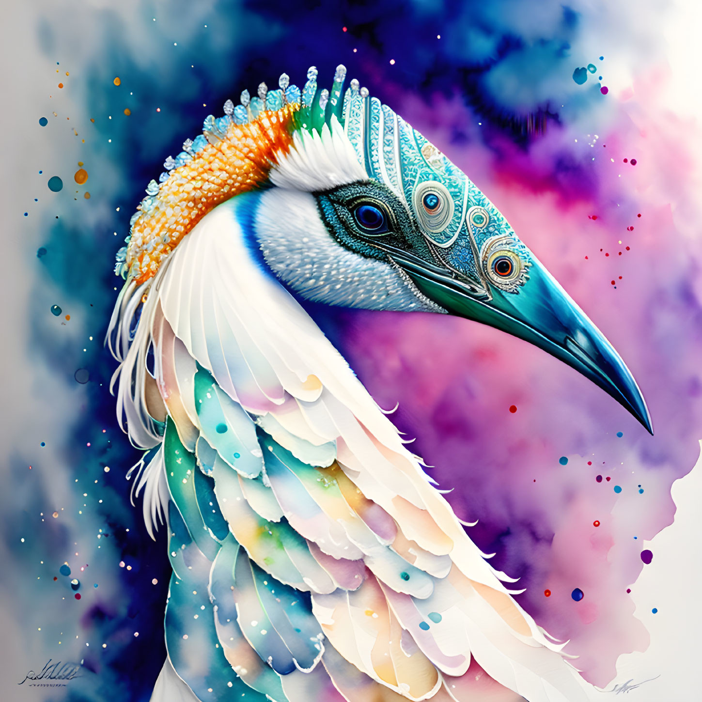 Colorful bird illustration with peacock-like head and detailed feathers on abstract background