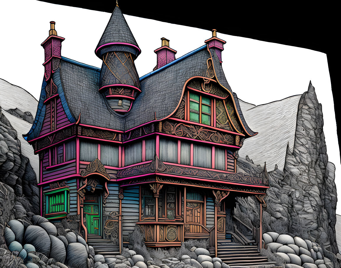 Colorful Victorian-Style House Illustration with Detailed Design and Rock Backdrop