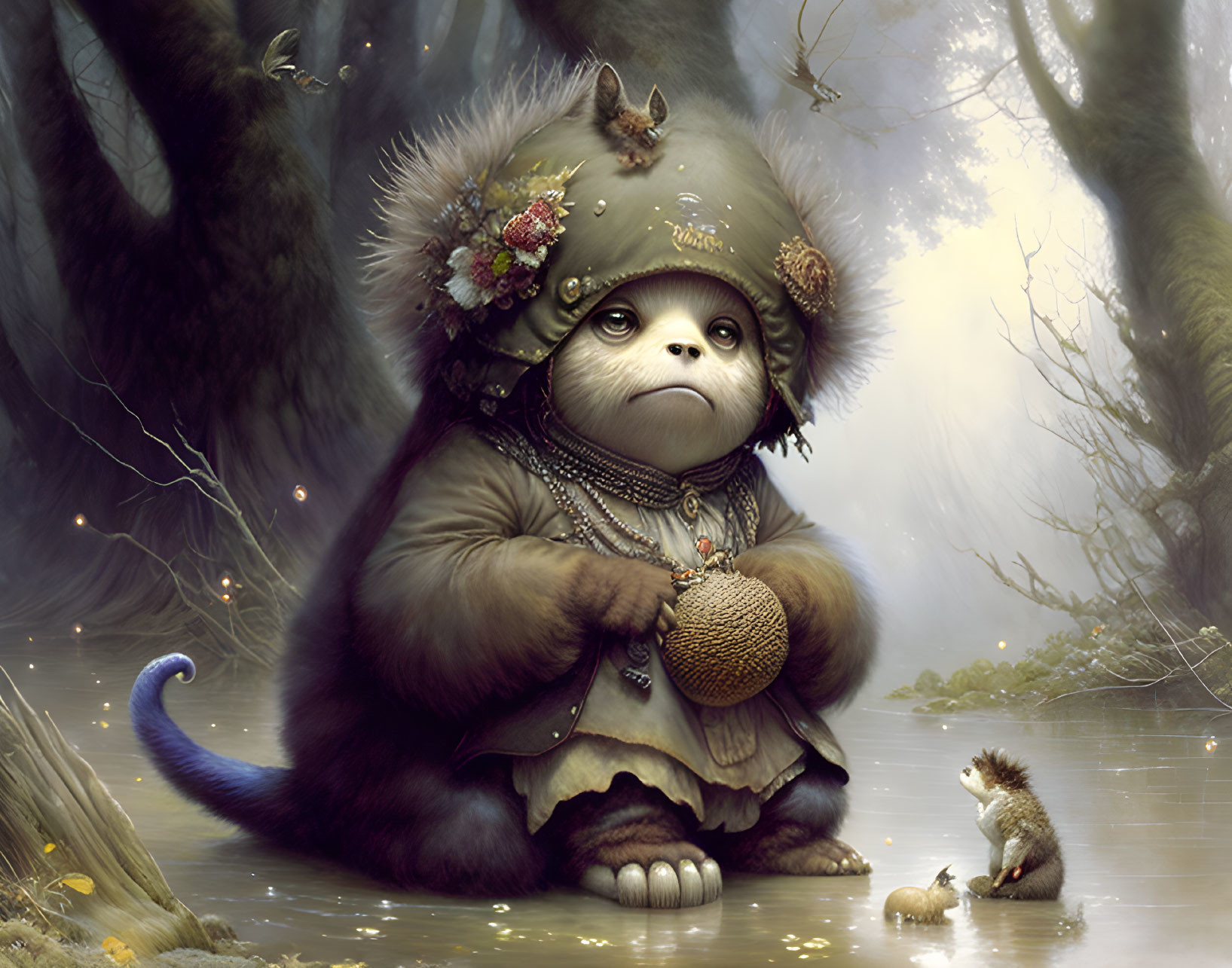 Furry helmeted creature with nut in misty forest