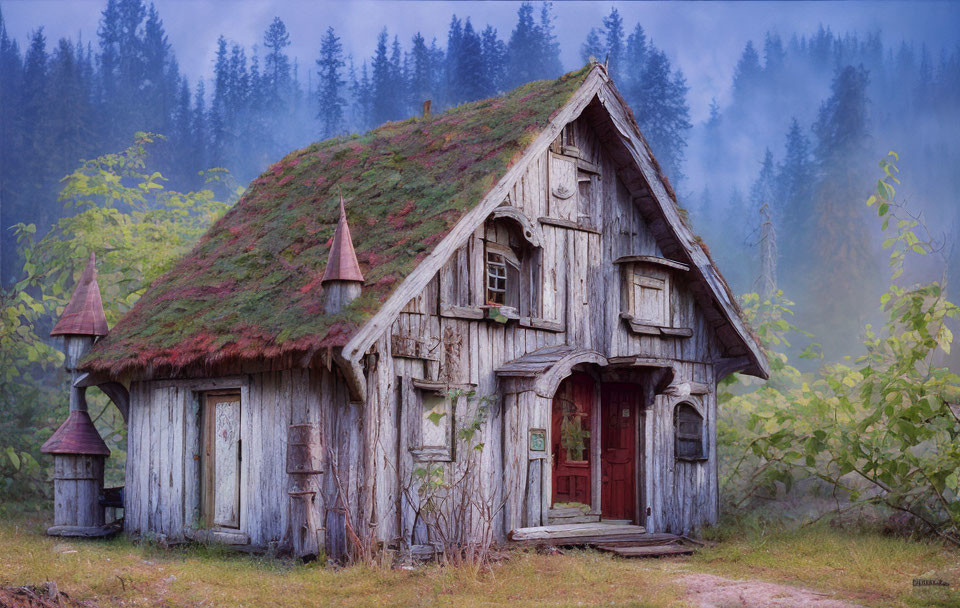 Moss-Covered Wooden Cottage in Misty Forest