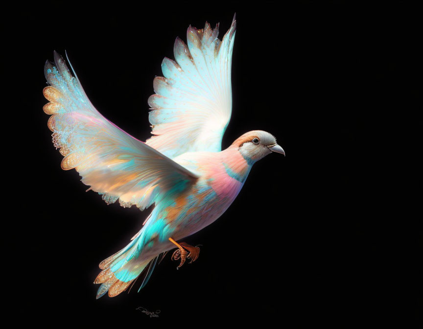 Colorful pigeon mid-flight on black background with pastel blue and pink plumage