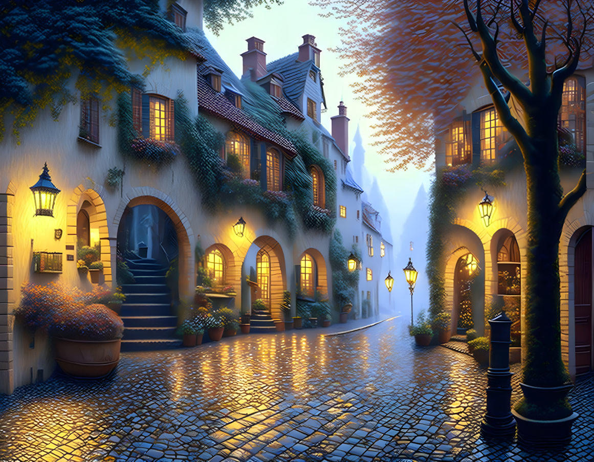 Twilight scene: Cobblestone street, ivy-covered houses, serene ambiance