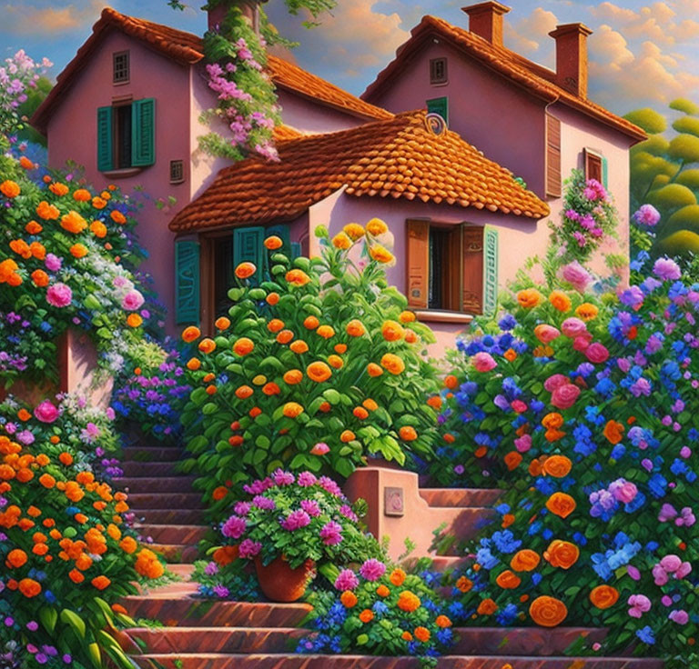 Pink house with green shutters in vibrant garden at twilight