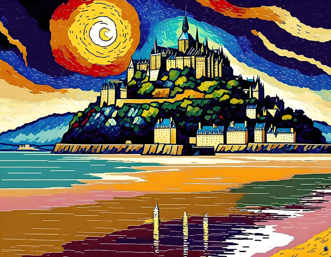 Colorful Castle on Hill with Swirling Sun and Water Reflections