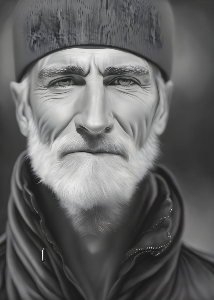 Detailed monochrome portrait of elderly man in beanie and scarf