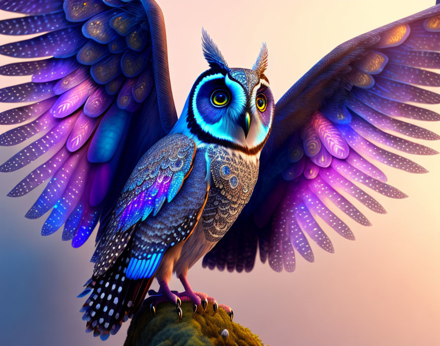 Colorful Owl Illustration with Outstretched Wings and Glowing Blue Eyes