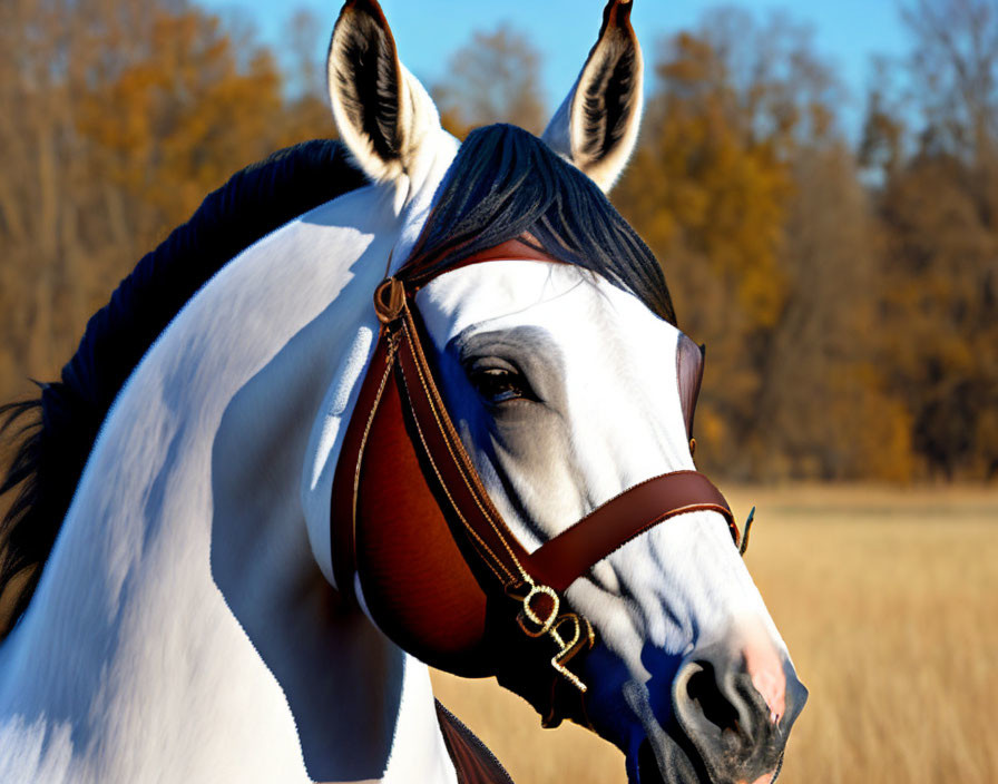 White Horse with Black Mane and Bridle in Autumnal Landscape