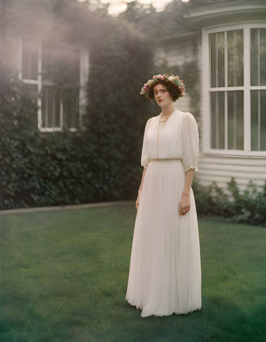 Woman in vintage white dress and floral crown in garden at dusk with ivy and bay window.