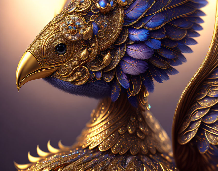 Intricate metallic bird with gold and blue feathers on soft-focus background