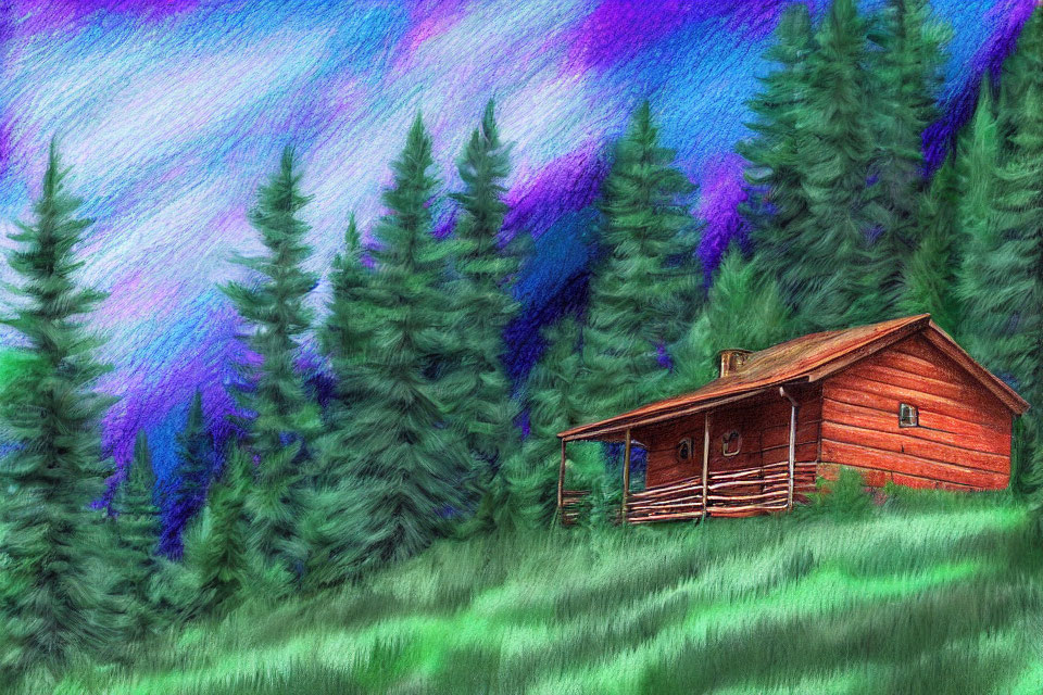 Vibrant twilight sky over rustic wooden cabin and evergreen trees