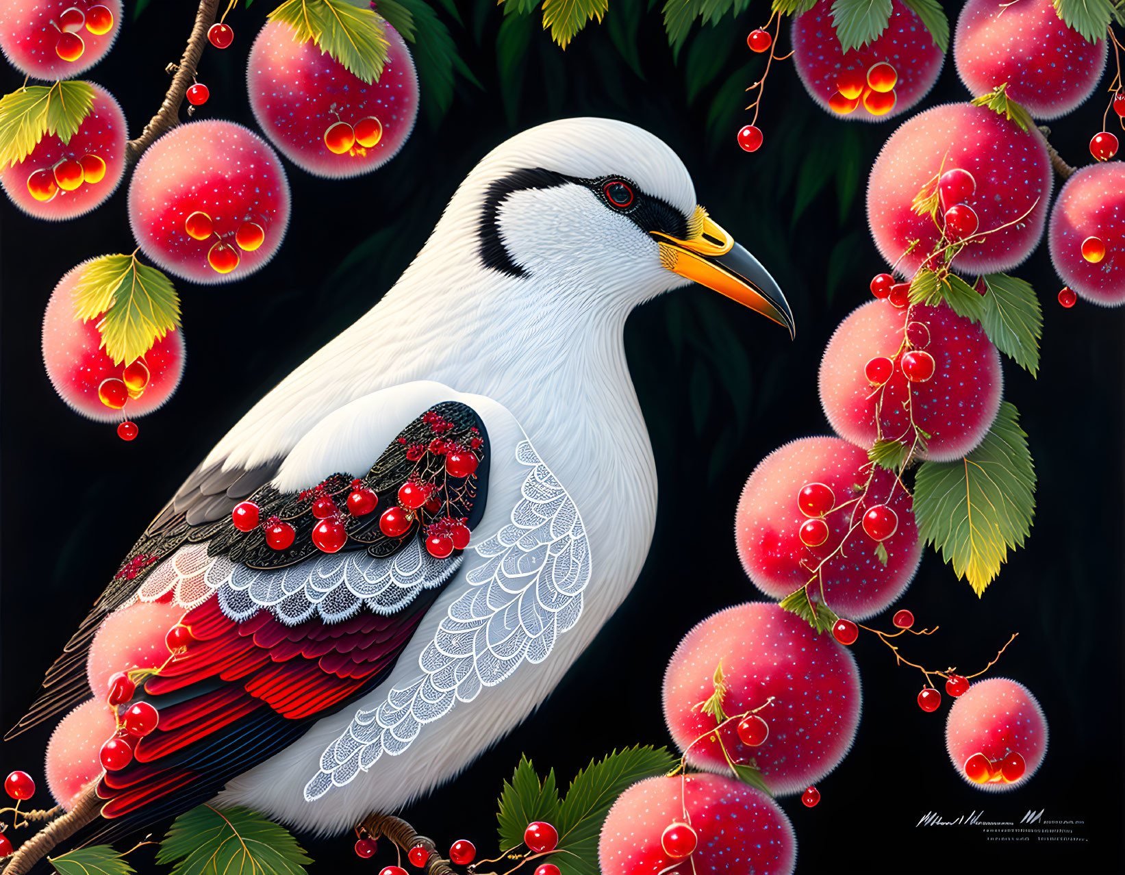 Detailed bird illustration with white and black plumage, yellow beak, red and black eye pattern,