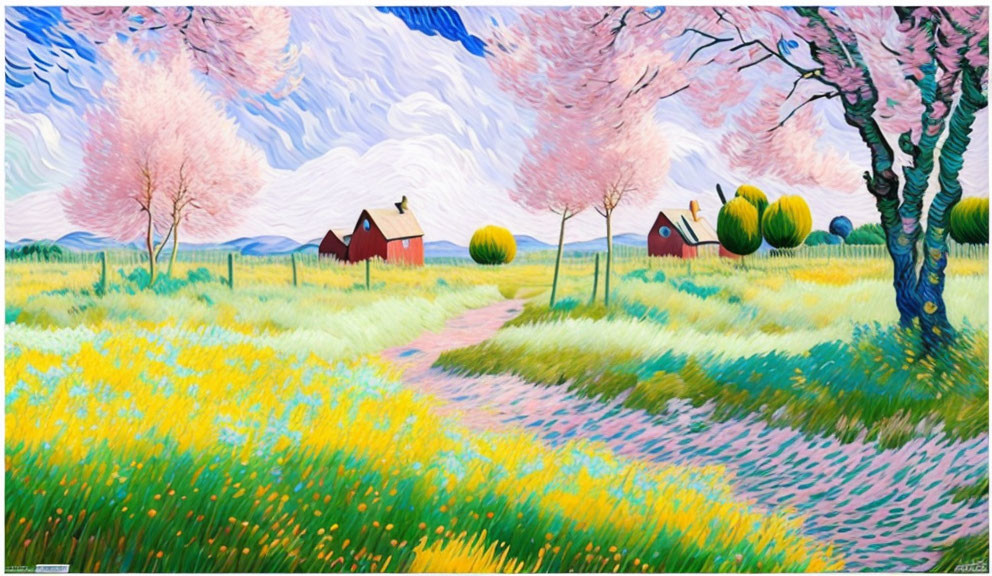 Colorful painting of blooming trees, winding path, wildflowers, and red-roofed houses