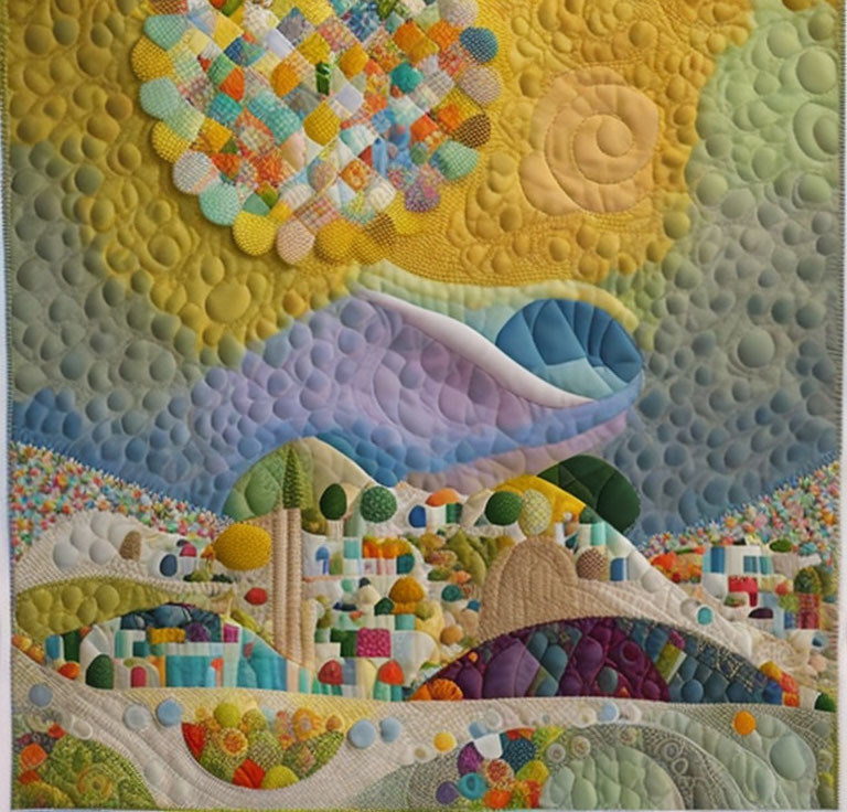 Colorful Patchwork Quilt with Rolling Hills and Textured Sky