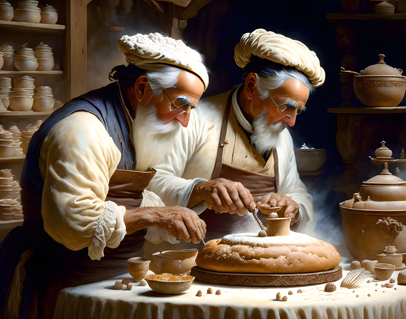 Elderly bakers decorate bread with seeds in rustic kitchen.