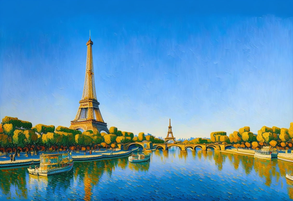 Colorful Eiffel Tower painting by the Seine River in Paris