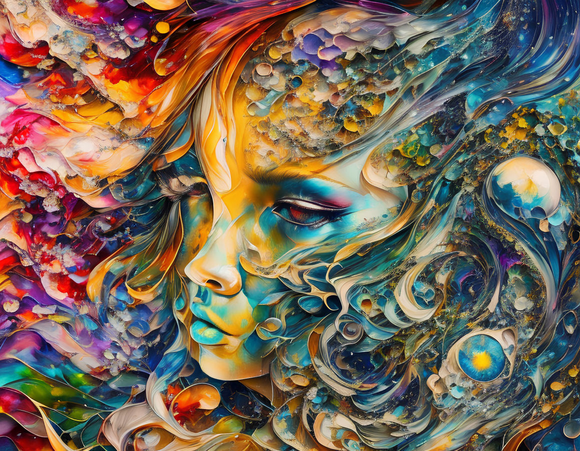 Colorful Abstract Portrait with Swirling Colors and Varied Textures