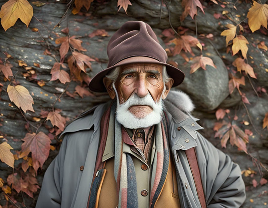 Elderly man in fedora and layered clothes against autumn stone wall