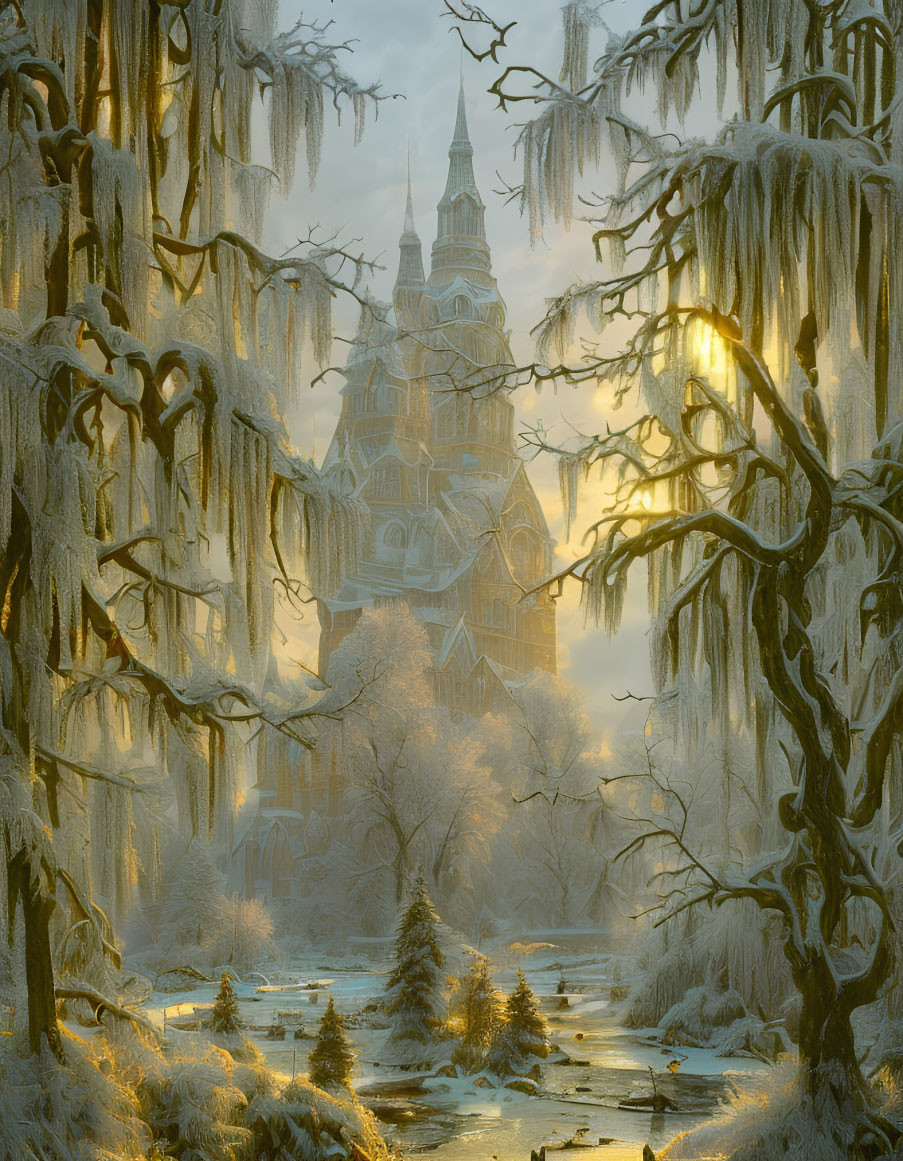 Majestic castle in ethereal winter landscape