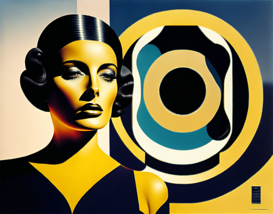 Abstract Art Deco Portrait with Bold Geometric Shapes in Blue, Black, and Yellow